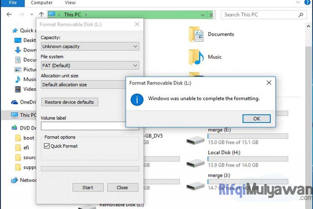Gambar Screenshot Windows Was Unable To Complete The Formatting Atau Gagal