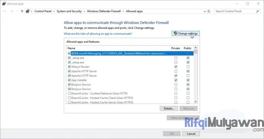 Buka Firewall Pilih Allow An App Through Windows Firewall Lalu Pilih Change Setting