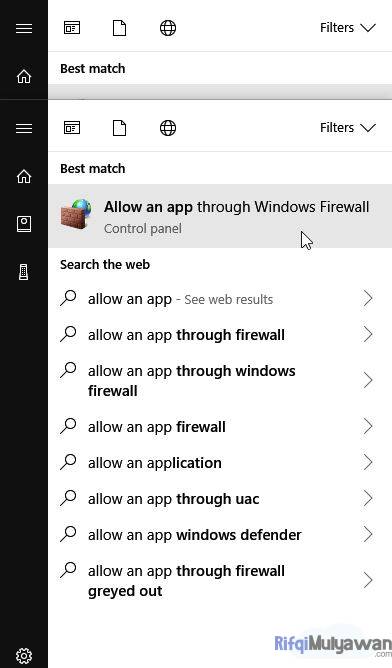 Buka Firewall Pilih Allow An App Through Windows Firewall