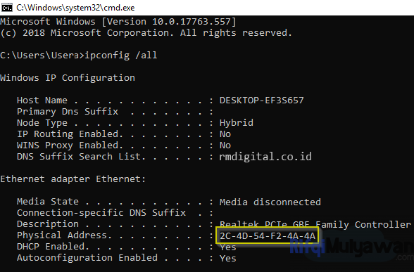 Cara Cek Alamat Atau MAC Address Di Device Perangkat PC Atau Windows Dengan Command Perintah IPConfig All Pada Terminal