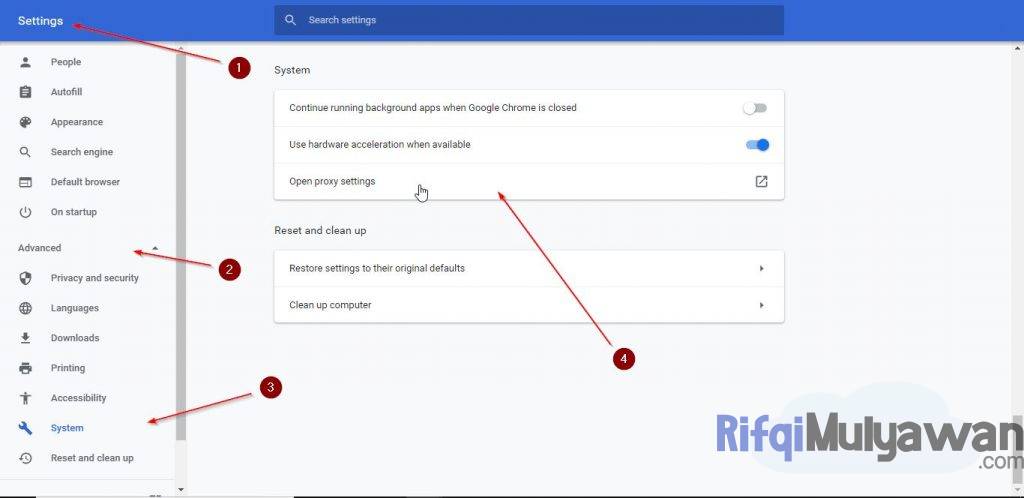 Gambar Screenshoot Membuka Settings Google Chrome Browser Kemudian Klik Dan Pilih Advanced Dan Pilih System Lalu Pilih Open Proxy Settings