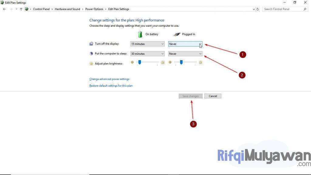 Gambar Screenshoot Mengatur Pengaturan Sleep Mode Menjadi Never Untuk Mengatasi Komputer PC Laptop Tiba Tiba Mati Sendiri