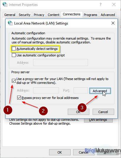 Gambar Screenshoot Pada Bagian Dan Jendela LAN Hilangkan Centang Automatic Pilih Dan Centang Proxy Server Dan Bypass Proxy Server