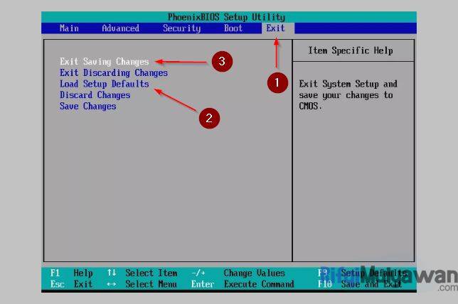Gambar Screenshoot Reset BIOS Ke Default Atau Setup Default Kemudian Pilih Exit Saving Changes Dalam Cara Mengatasi Operationg System Not Found dan Missing Operating System pada Windows 10 8.1 8 Dan 7