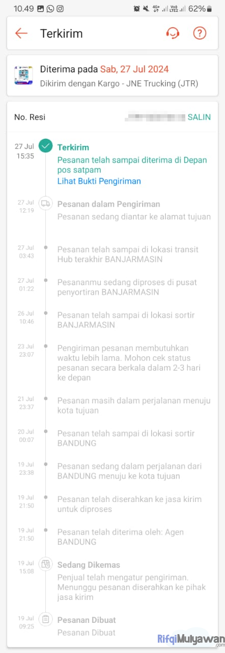 Gambar Screenshot Detail Riwayat Pengiriman Pesanan Saya Dengan Menggunakan JNE