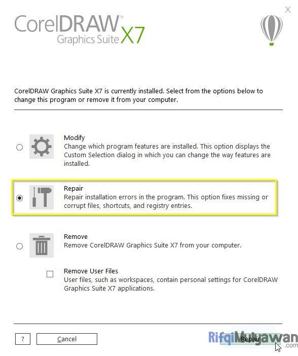 Gambar Screenshot Melakukan Repair CorelDRAW Dengan Menggunakan File Installation Kit Sebagai Cara Mengatasi Corel Draw Has Stopped Working