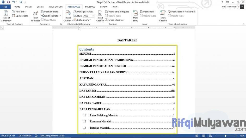Jika Langkah Anda Sudah Benar Maka Daftar Isi Secara Otomatis Akan Muncul