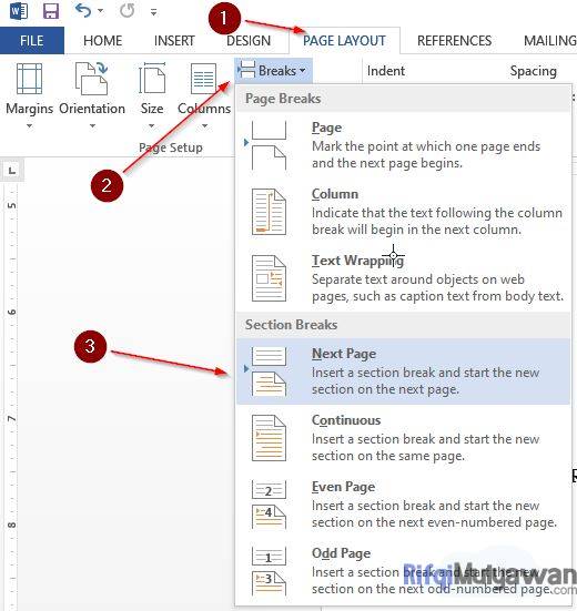 Lalu Buka Kembali Page Layout Pilih Breaks Dan Pilih Next Page