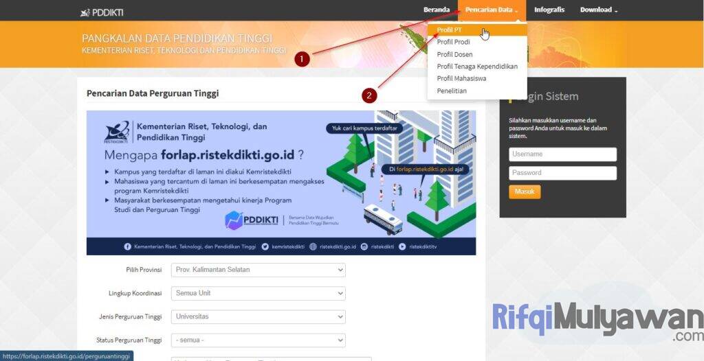 Masuk Ke Situs Forlap Dikti Dan Kemudian Pilih Pencarian Data Lalu Pilih Profil PT