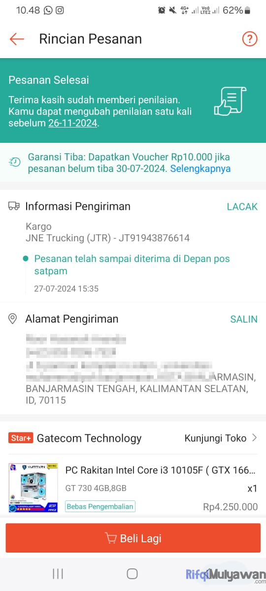 Paket Pesanan PC Rakitan Saya Yang Selesai Dan Baru Saja Diterima Dengan Menggunakan JNE Trucking